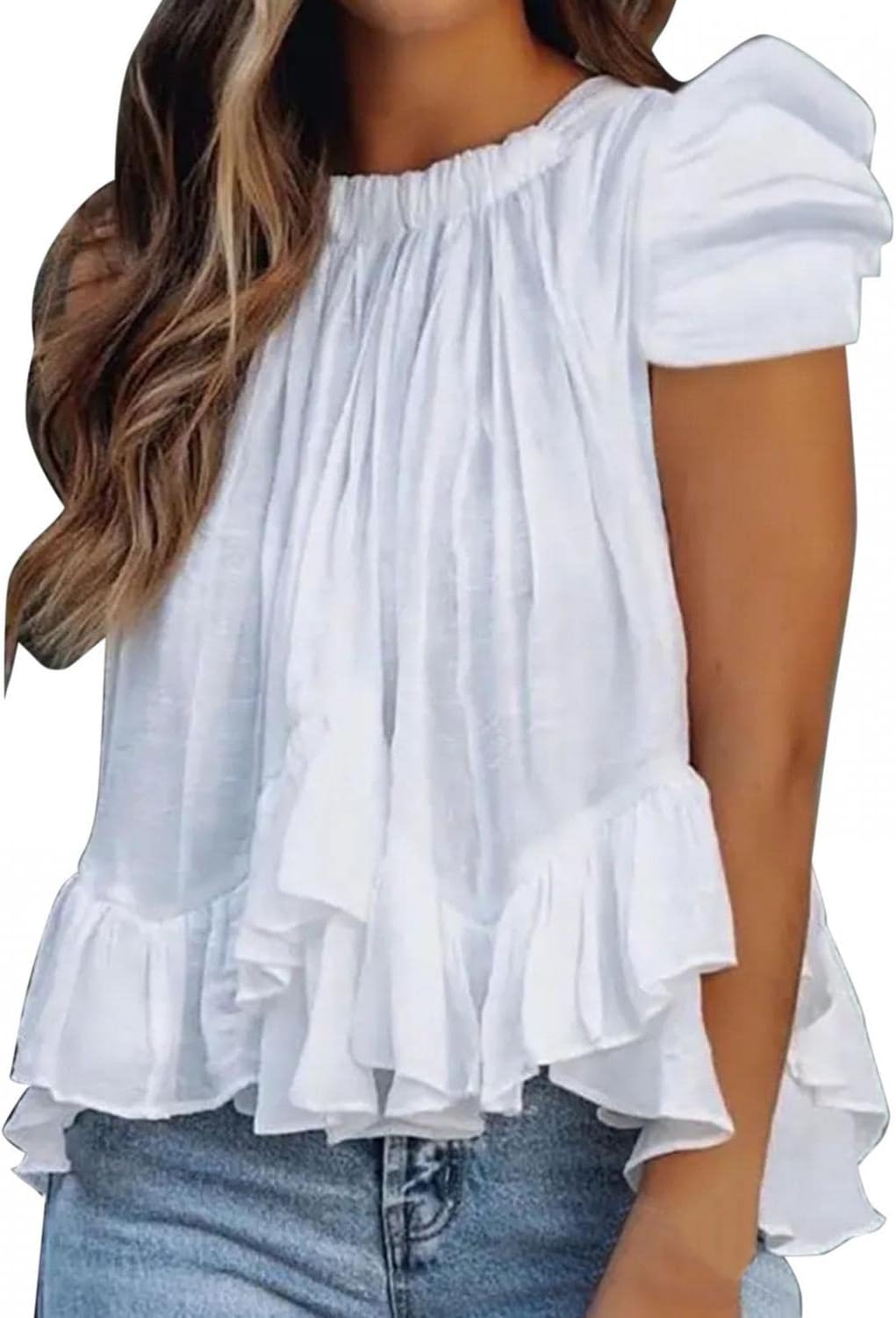 vermersWomen Solid O-Neck Short Sleeve Shirts Top Ruffles Tail Blouses Summer Flowy Tunic Puff Sleeve Tops