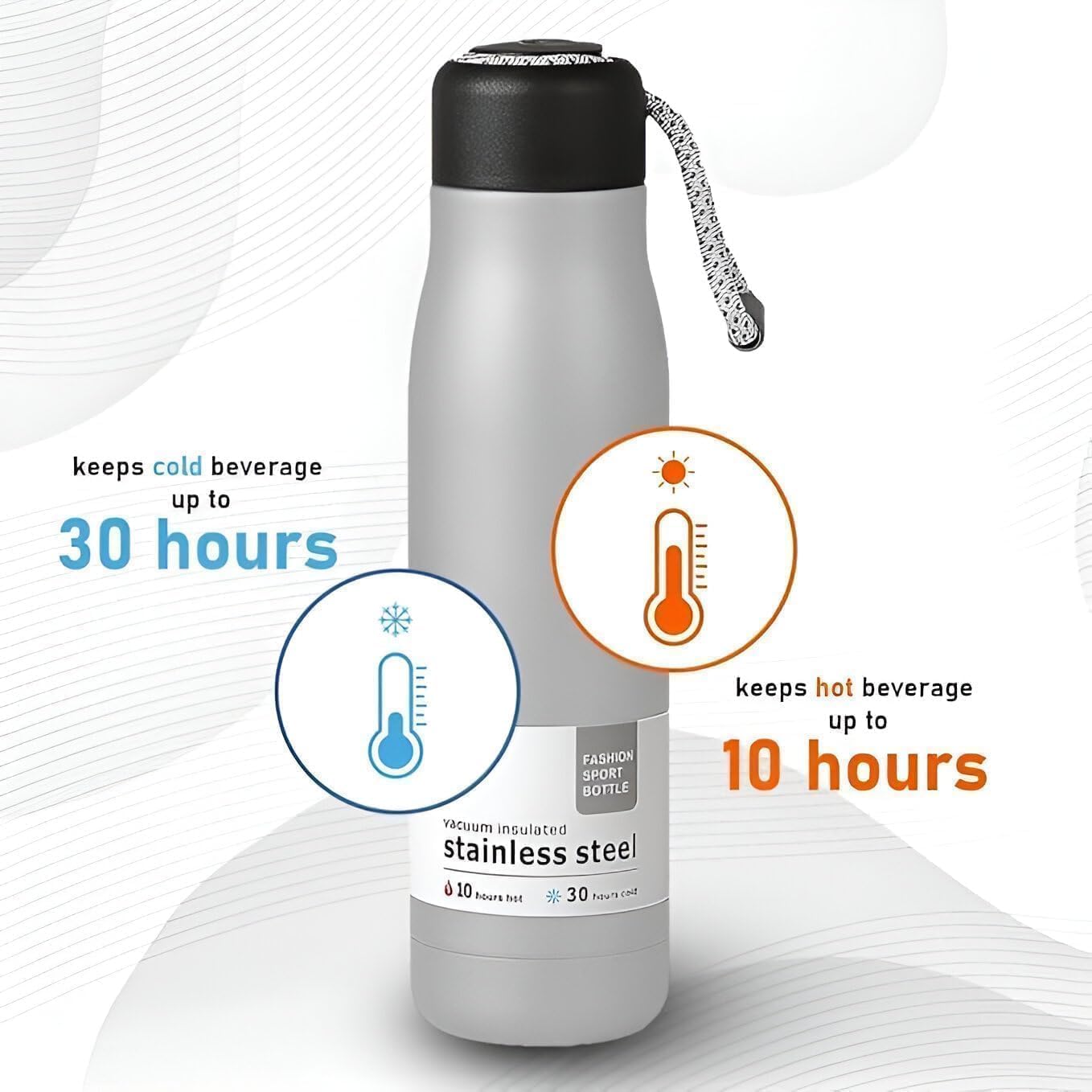 VANSHORA Vacuum Insulated Stainless Steel Water Bottle Hot Cold Thermal Flask Bottle with Strap Leak Proof Sports Water Bottle Travel Flask for Gym Office Outdoor Use Black 3