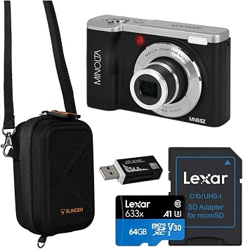 Minolta MNB5Z 56MP 5K Ultra HD 2.8" LCD Screen Digital Camera, Black, Bundle with Camera Case, 64GB Memory Card, Multi Card Reader