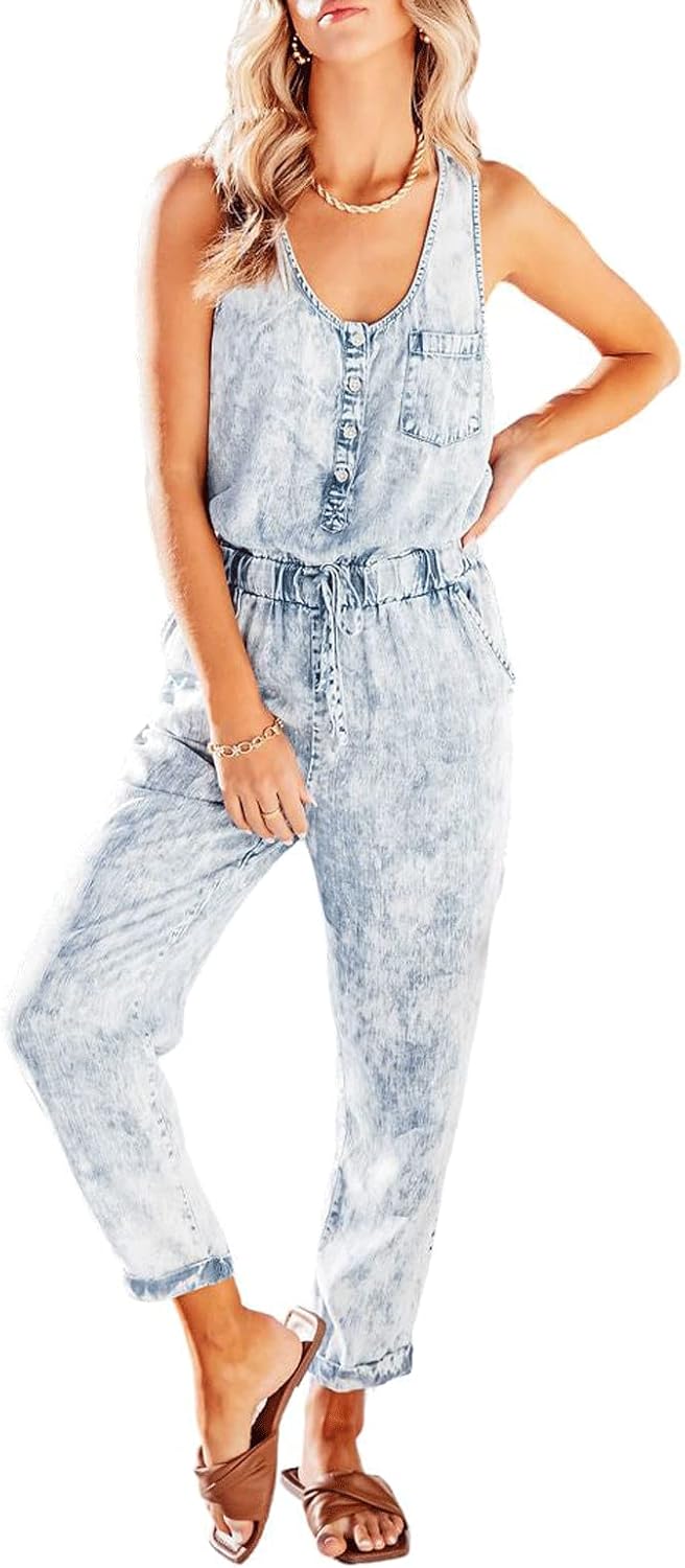 Denim Jumpsuit Overalls for Women Sleeveless Tank Scoop Neck Elastic Waist Rompers