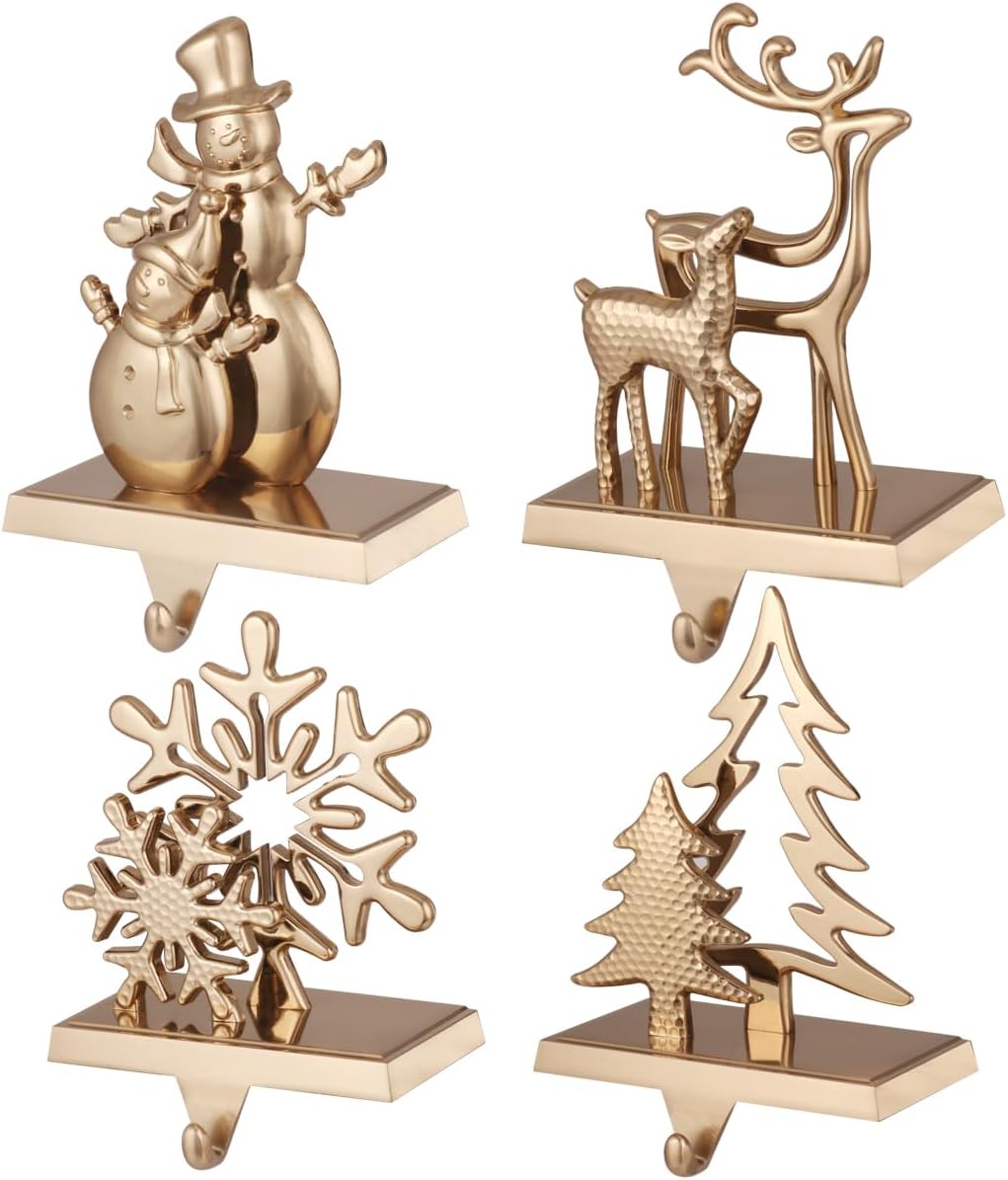 4pcs Christmas Stocking Holders for Mantel, Snowman Stocking Hangers Snowflakes Stocking Holders Christmas Tree Xmas Deer Stocking Hooks for Fireplace Mantle as Xmas Decoration