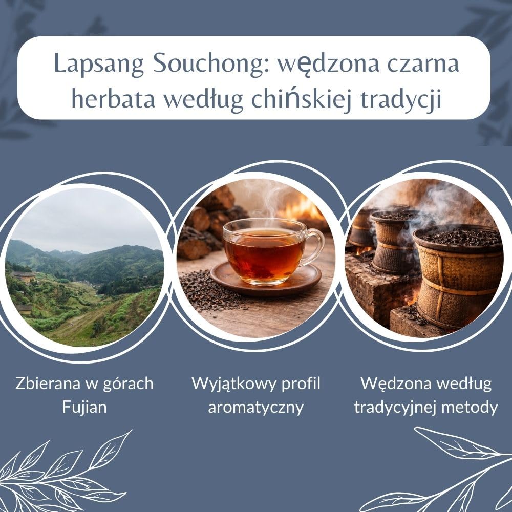 Organiczna wędzona herbata Lapsang Souchong – sypana czarna herbata wegańska, w 100% naturalna, bez GMO – z upraw ekologicznych – pakowana we Francji – woreczek 200 g (100 filiżanek)