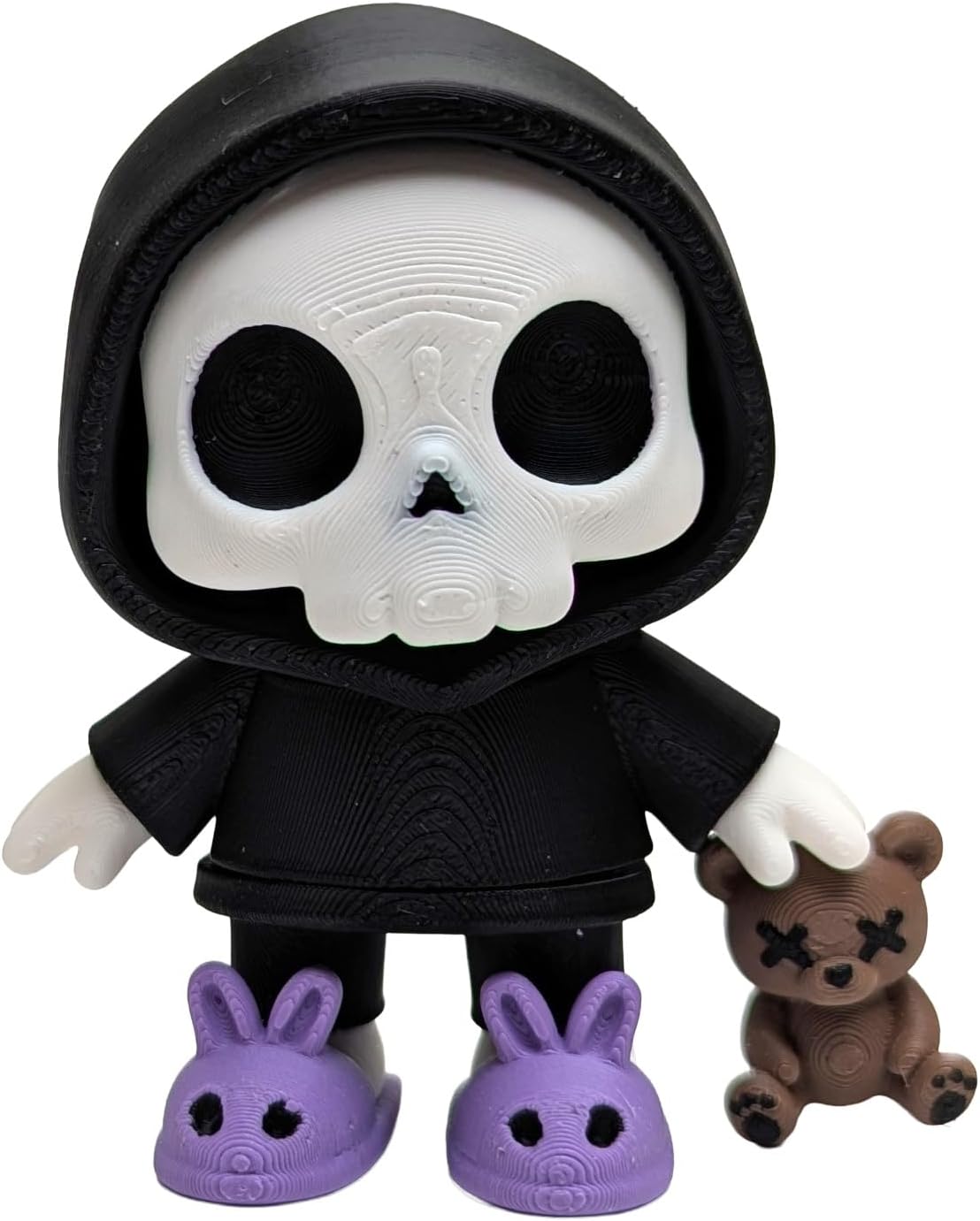 RedFive Labs Dead Tired Skeleton Desk Sculpture – Collectible with Hoodie, Bunny Slippers & Teddy Bear – Dark Humor Gift (2.5 Inches - Purple Slippers)