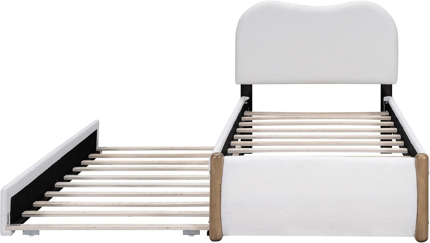 Merax Twin Size Upholstered Platform Bed with Wood Supporting Feet and Twin Size Trundle, White