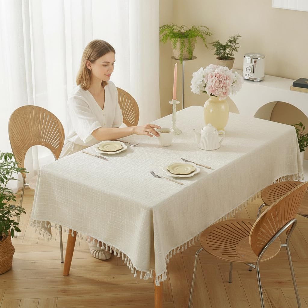 Tovaglia Rettangolare, Tovaglia Antimaca 140x180, Copritavolo Elegante con Nappe, Design Moderno, Bianco Riso, 100 * 160cm