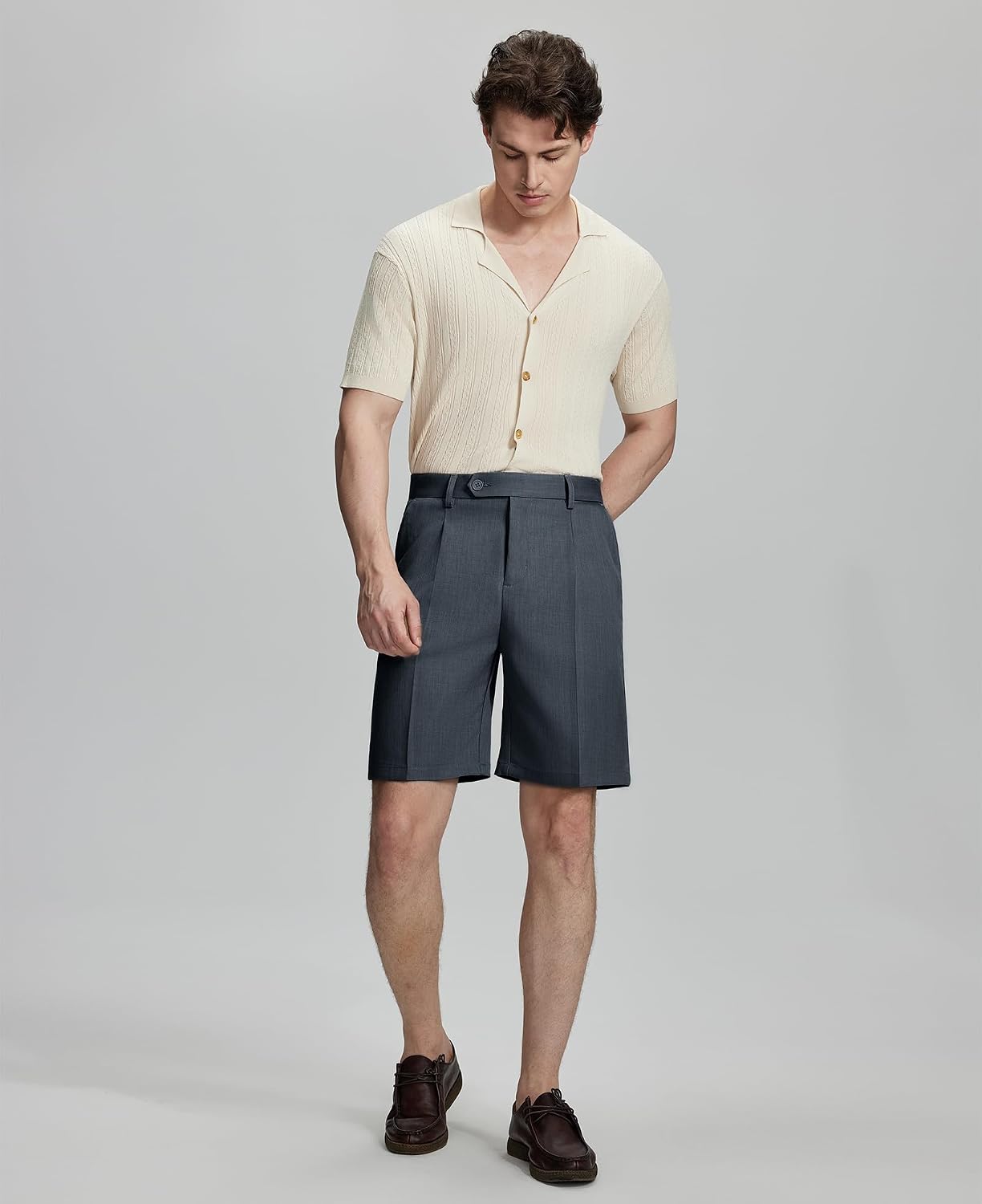 Susclude Mens Pleated Dress Shorts Old Money Classic Fit 8'' Golf Casual Elastic Waist Chino Vintage Shorts