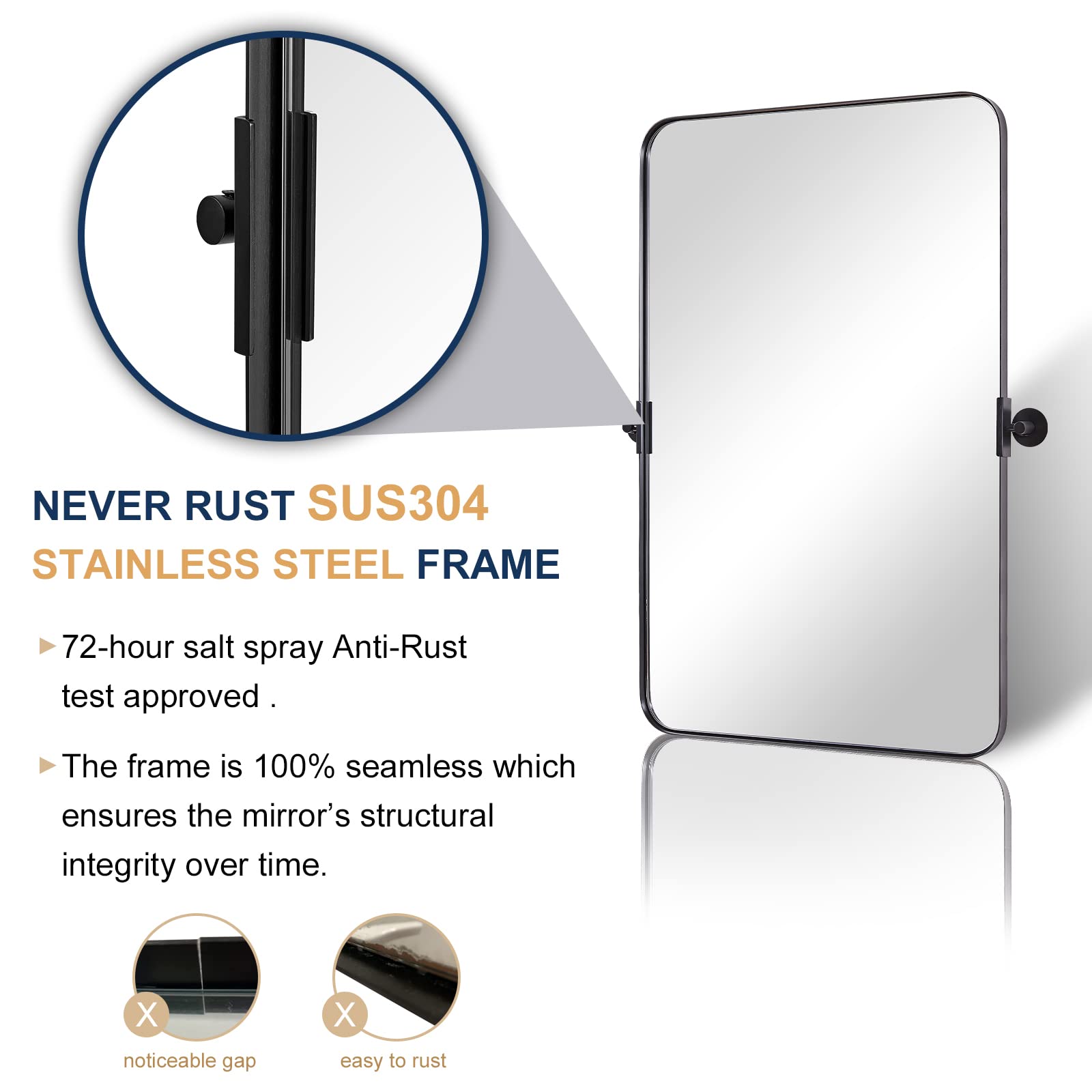 ANDY STAR 22"x34" Matte Black Pivot Mirror for Bathroom, Metal Frame