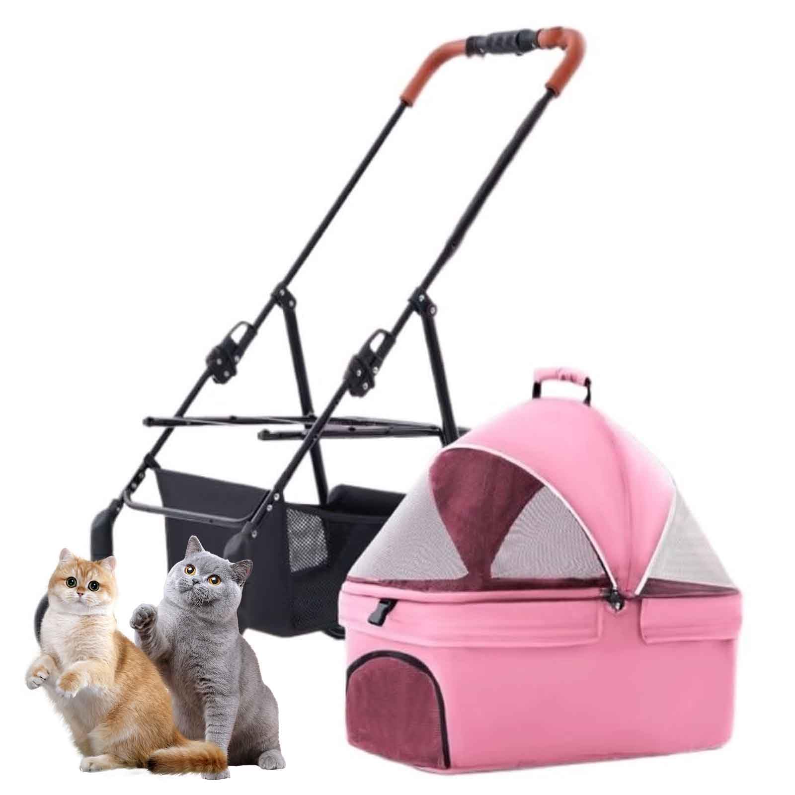 Passeggino per Cani Pieghevole 2 in 1, Passeggino Cane, Passeggino da Viaggio per Animali Domestici Cane Gatto, con Cestello Portaoggetti,Rosa