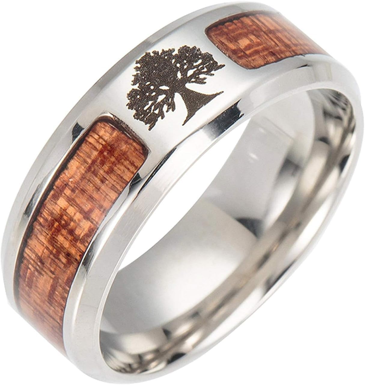 (8mm) Unisex, Women's or Men's Stainless Steel Wedding Ring Bands. Tree of Life Ring with Wood Inlay. Great for Religious Couples, Outdoors Men, Hunters, etc. One Year Warranty Included.