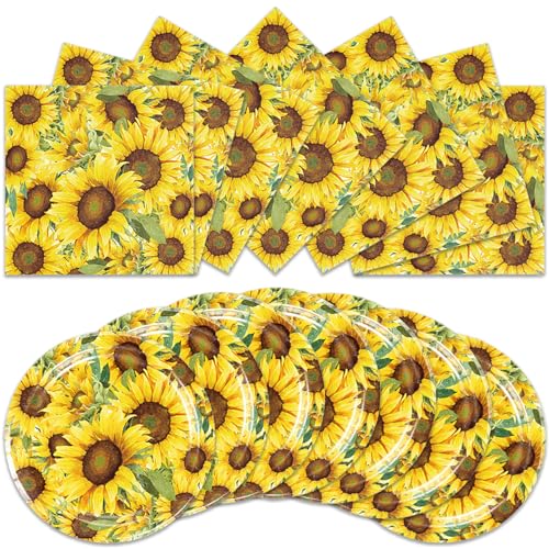 ACIYHN 40pc Sunflower Birthday Decorations - Yellow Floral Tableware with Disposable Sunflower Plates and Napkins for 20 Guests - Bridal, Baby Shower, Birthday Party Decorations
