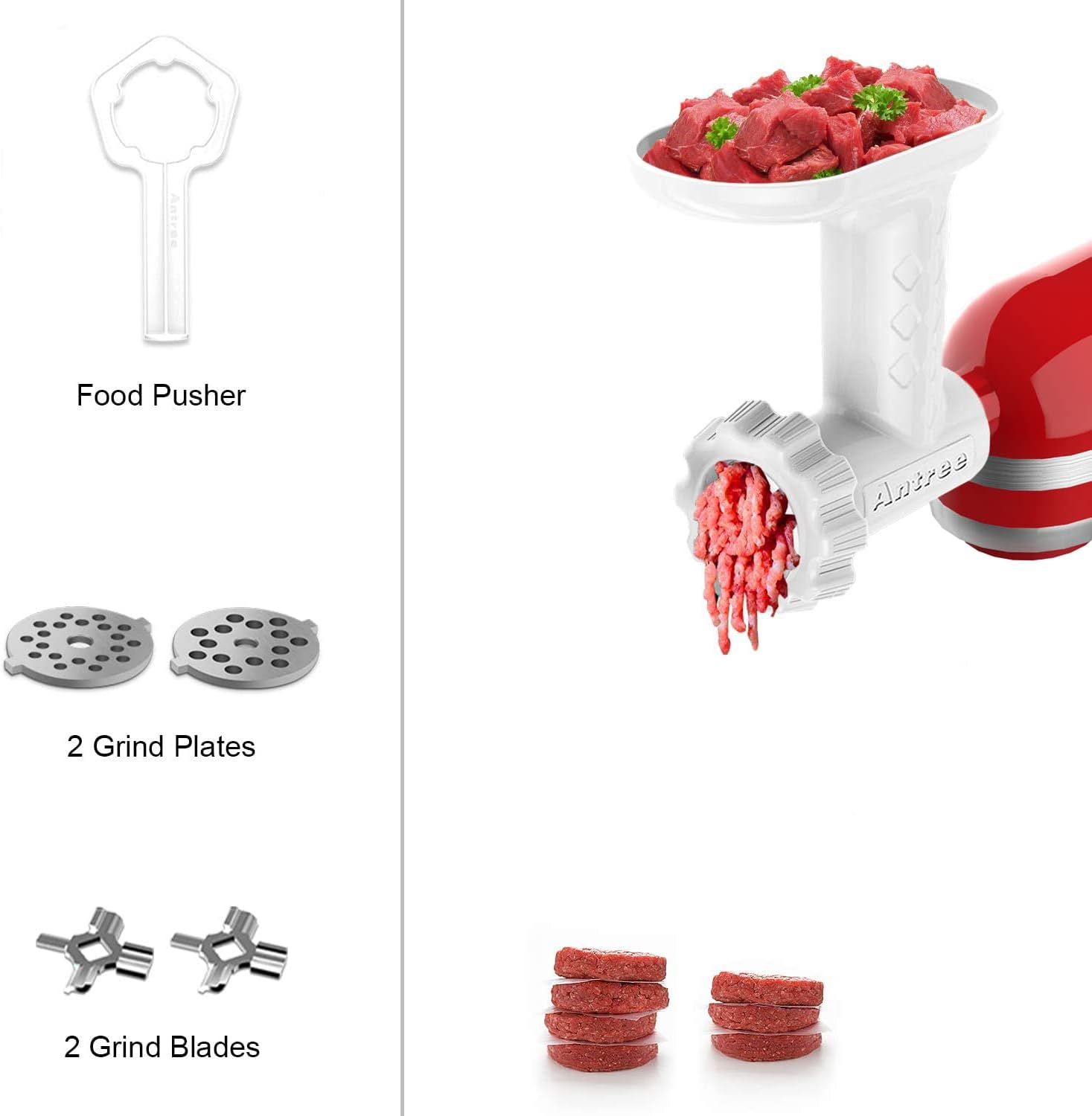 Antree Meat Grinder Attachment For KitchenAid Stand Mixers Includes 2 Plates 2 Grind Blades 2 Sausage Filler Tubes, and 1 Cleaning Brush, Easy To Use Food Grinder Attachment For KitchenAid - White