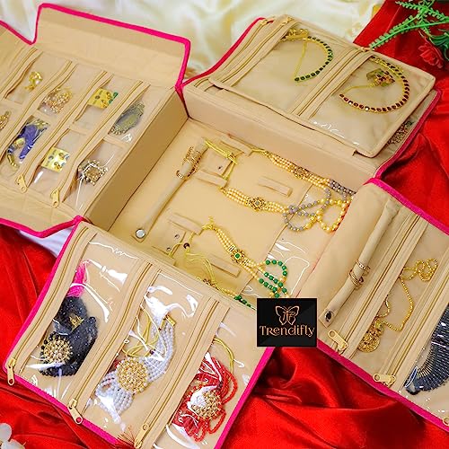 Image of Trendifly silk Lucknowi Jewellery Organiser Box for women Necklace organizer pouches Travel Makeup Cosmetic Earrings Jewelry Storage box for Bridal Gifting (Dark Pink)