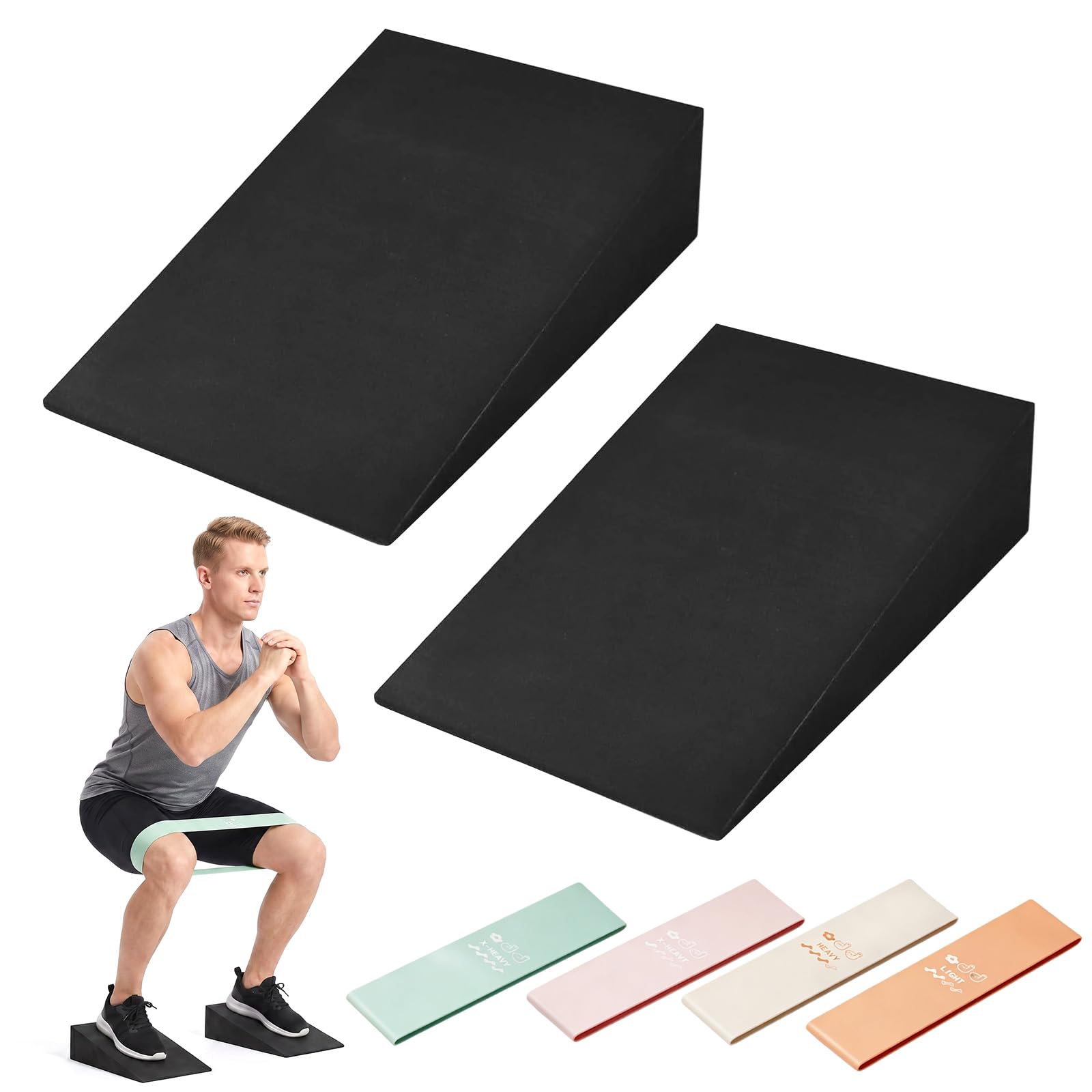 RANJIMA Wadendehner Keil, 2 Stück Squat Wedge Wadenstrecker Yoga Blöcke mit 4 Fitnessbänder, Kniebeugen Keil Rampe Slant Board Mobilisationskeil für Kniebeugen, Kreuzheben, Wadendehnung,Dehnen Muskeln