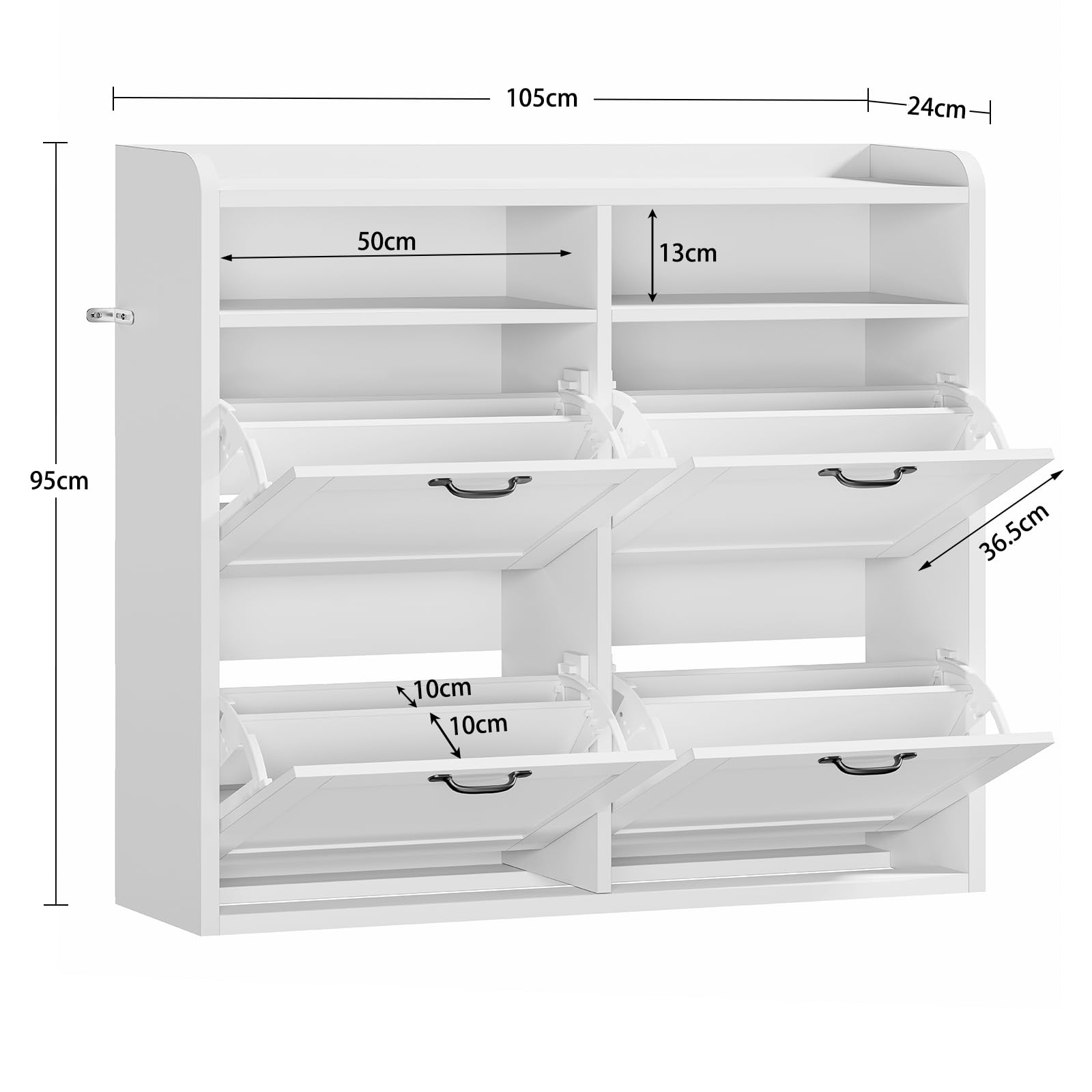 TEENFON Mueble Zapatero Recibidor Estrecho–105cm de Ancho, Armario Zapatero con 4 Solapas y 2Compartimentos Abiertos, Estantes Ajustables, para16–24Pares de Zapatos, Apto para Pasillo,Recibidor,Blanco
