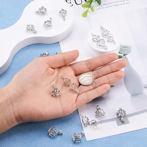 Vista 2 de FASHEWELRY 20 colgantes de plata antigua con cuentas de flor de loto de 0.787 x 0.551 in para aromaterapia, difusor de aceites esenciales, colgante