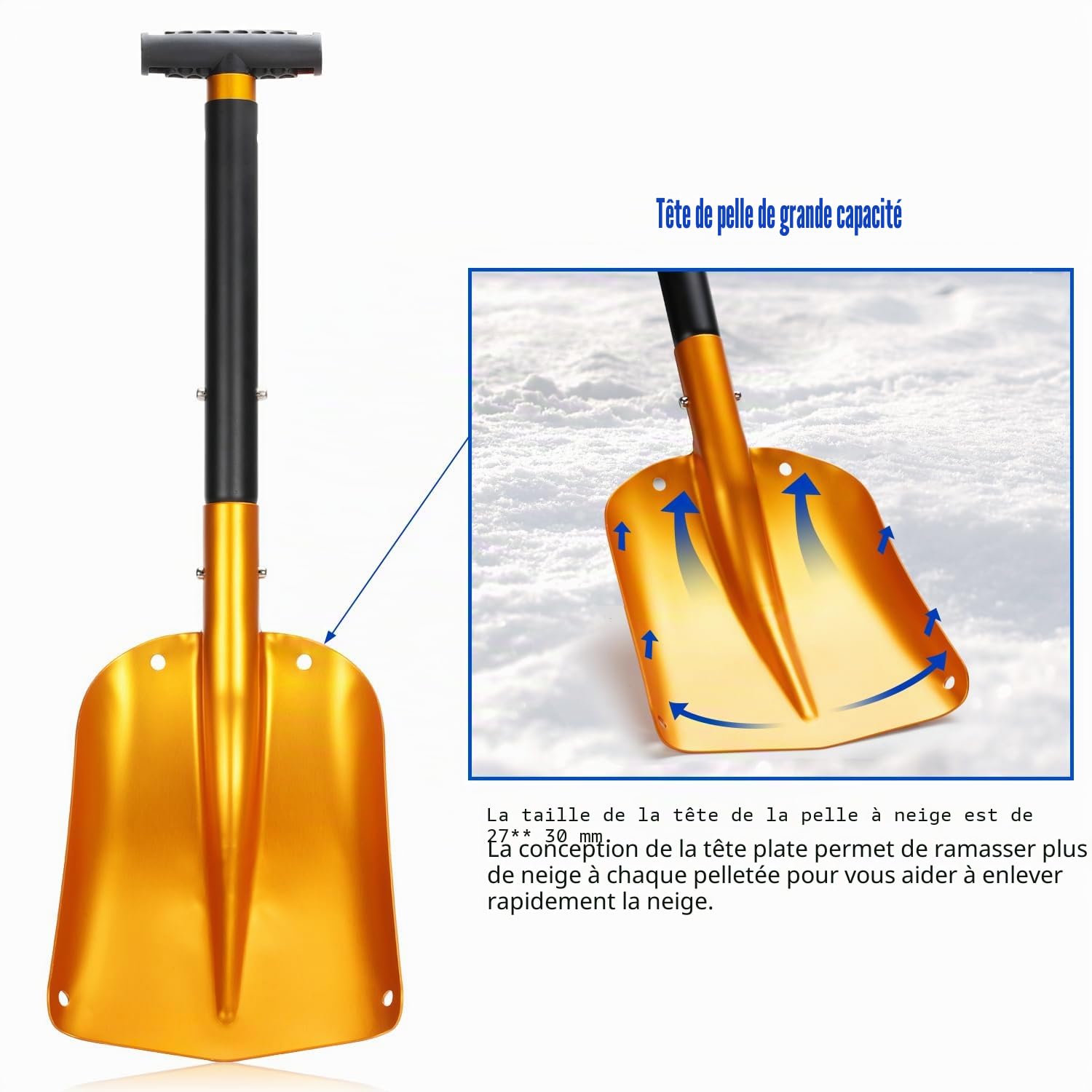 Pelle à neige pliable 4 en 1, pelle à avalanche en aluminium robuste avec sac, pelle amovible de 40 x 30 cm pour voiture, urgence, camping, allée et déneigement dans le jardin