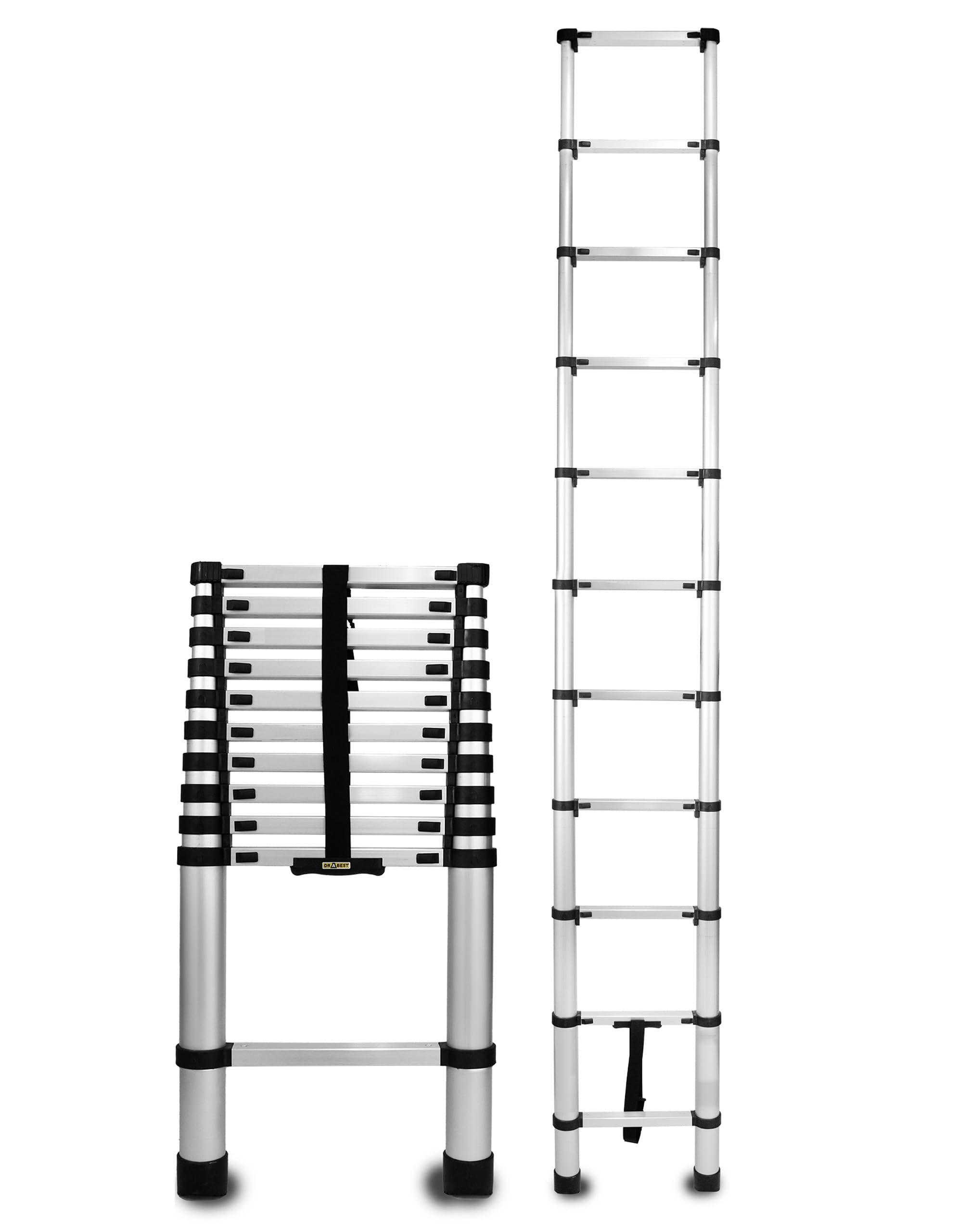 Drabest Silver - Telescopic Ladder Made Of Aluminium With Mounting Hooks - Extendable Ladder - Folding Ladder - Multipurpose Ladder - Multifunctional Ladder - 11 Steps - Height 4.3 M