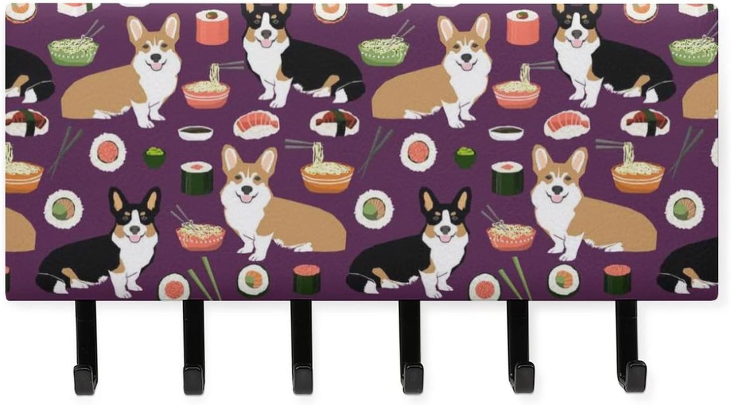 収納ケース付きキーフック 鍵置き ウォールフック 鍵収納 約縦9 横22cm コーギーと和食 寿司 ラーメー オシャレ 整理整頓 帽子掛け 洋服掛け コート掛け 玄関 浴室 寝間 台所 壁掛け収納