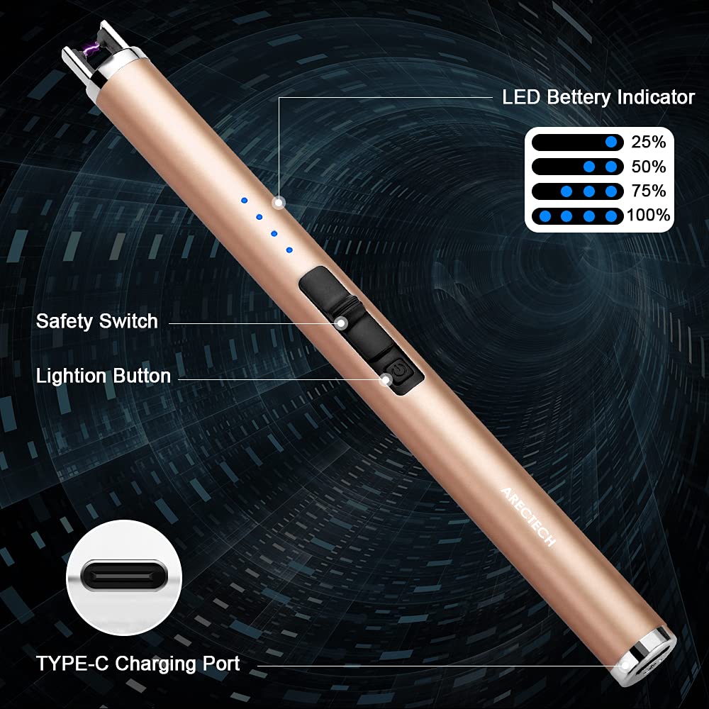 ARECTECH Briquet électrique rechargeable à arc plasma pour bougie de cuisine camping Type-C Champagne doré