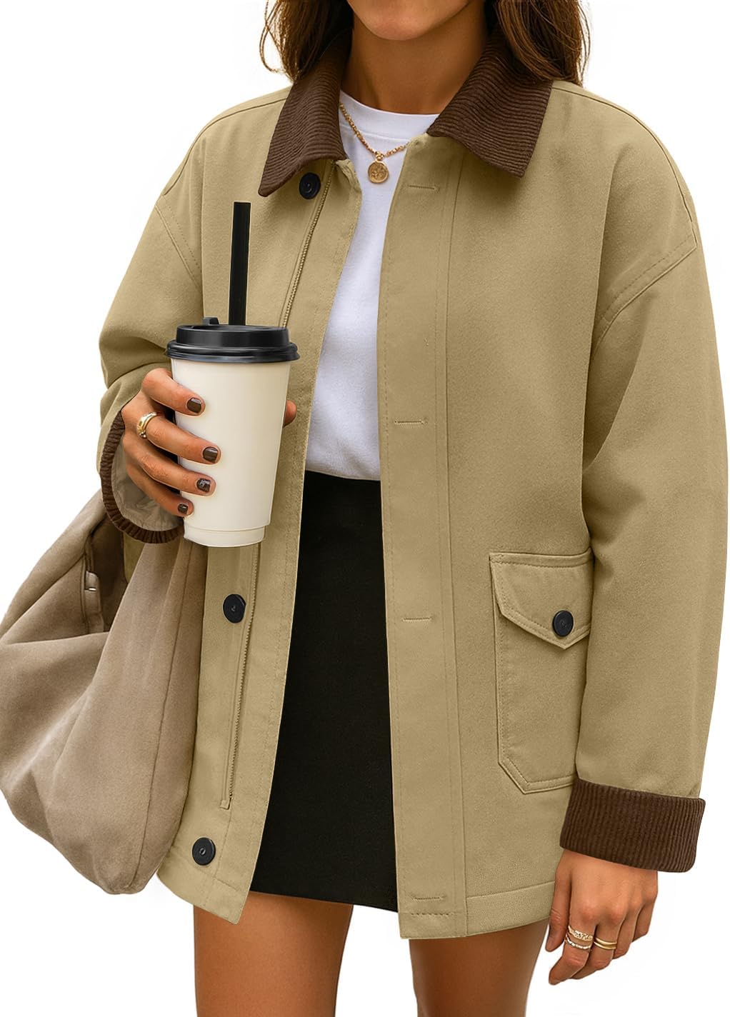 ZESICA Women's Trendy Casual Oversized Barn Jackets 2026 Spring fall Lightweight Contrast Collar Zip Up Cotton Cargo Coat