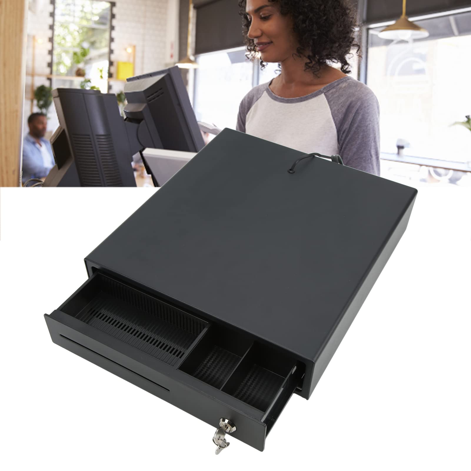 Cassetto del Registratore di Cassa, Scatola del Registratore di Cassa 3 Vassoio Portamonete 4 Banconote 3 Livelli Serratura Nera DC 12‑24V con 2 Chiavi Per Il Commercio al Supermercato