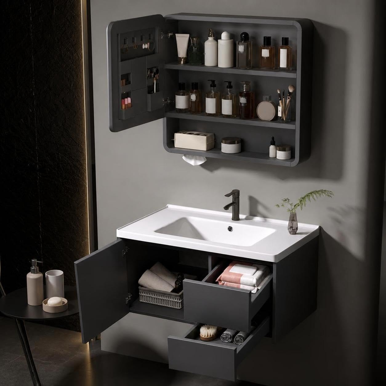 Set Mobile da Bagno sospeso con lavabo in Ceramica, mobiletto Resistente all'umidità in plastica e Acciaio, Specchio Contenitore Intelligente Illuminato per Trucco e Cosmetici