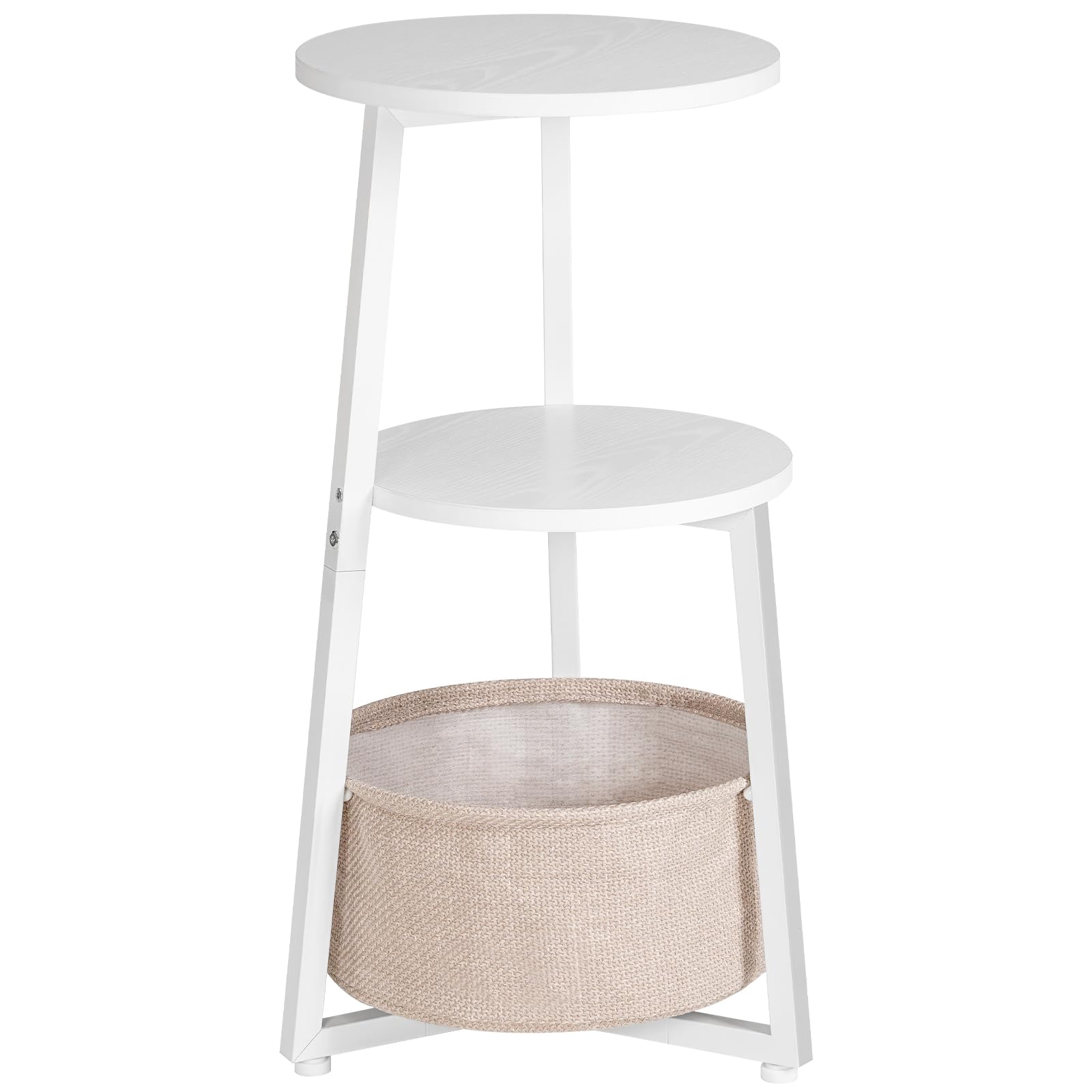 HOOBRO Mesa Auxiliar Redonda de 3 Niveles con Estantes y Bolsillo de Tela, Mesita de Noche, Mesa de Centro Pequeña para Espacios Reducidos, Mueble Lateral de Sofá, Salón, Dormitorio, Blanco EWW169BZ01
