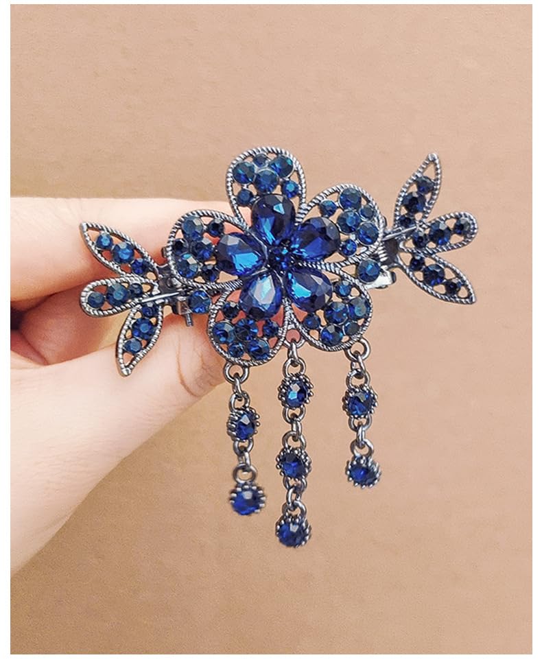 E EMZHOLE Large Elegant Hair Claws for Women Girls Spring Clip Flower Tassel Design Sparkly Glitter Rhinestone Hair Barrette Crystal Hair Clip Hair