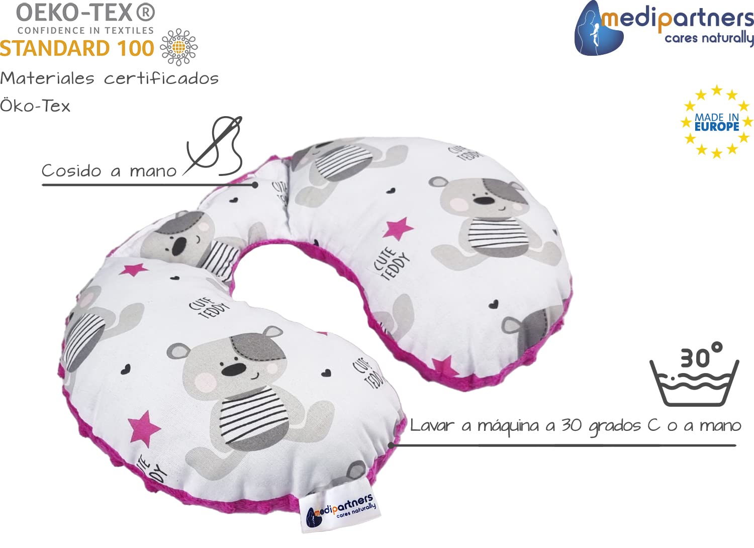 Medi Partners Almohada Cervical Coche Bebe cojin cuello niños cojín viaje - 100% Algodón/Minky Avion Neck Travel Pillow Almohadilla Cervicales Nino (Teddy con Minky rosa oscuro)