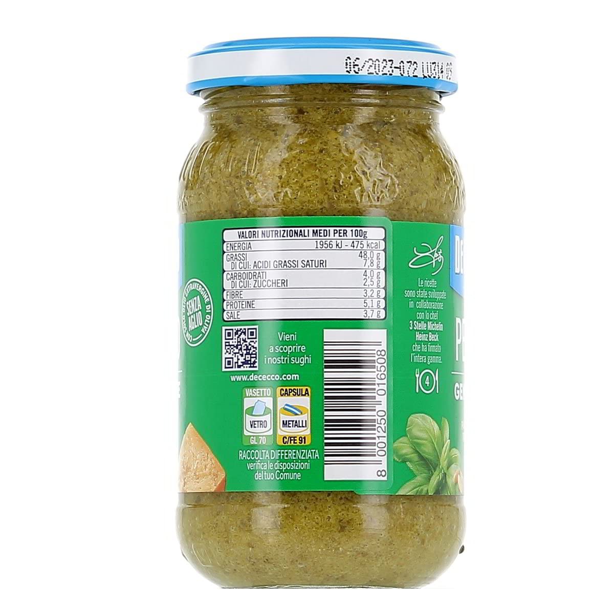 12 x De Cecco Pesto alla Genovese con Parmigiano Reggiano senza aglio Pesto con albahaca fresca, Parmigiano Reggiano sin ajo 190 g Salsa italiana