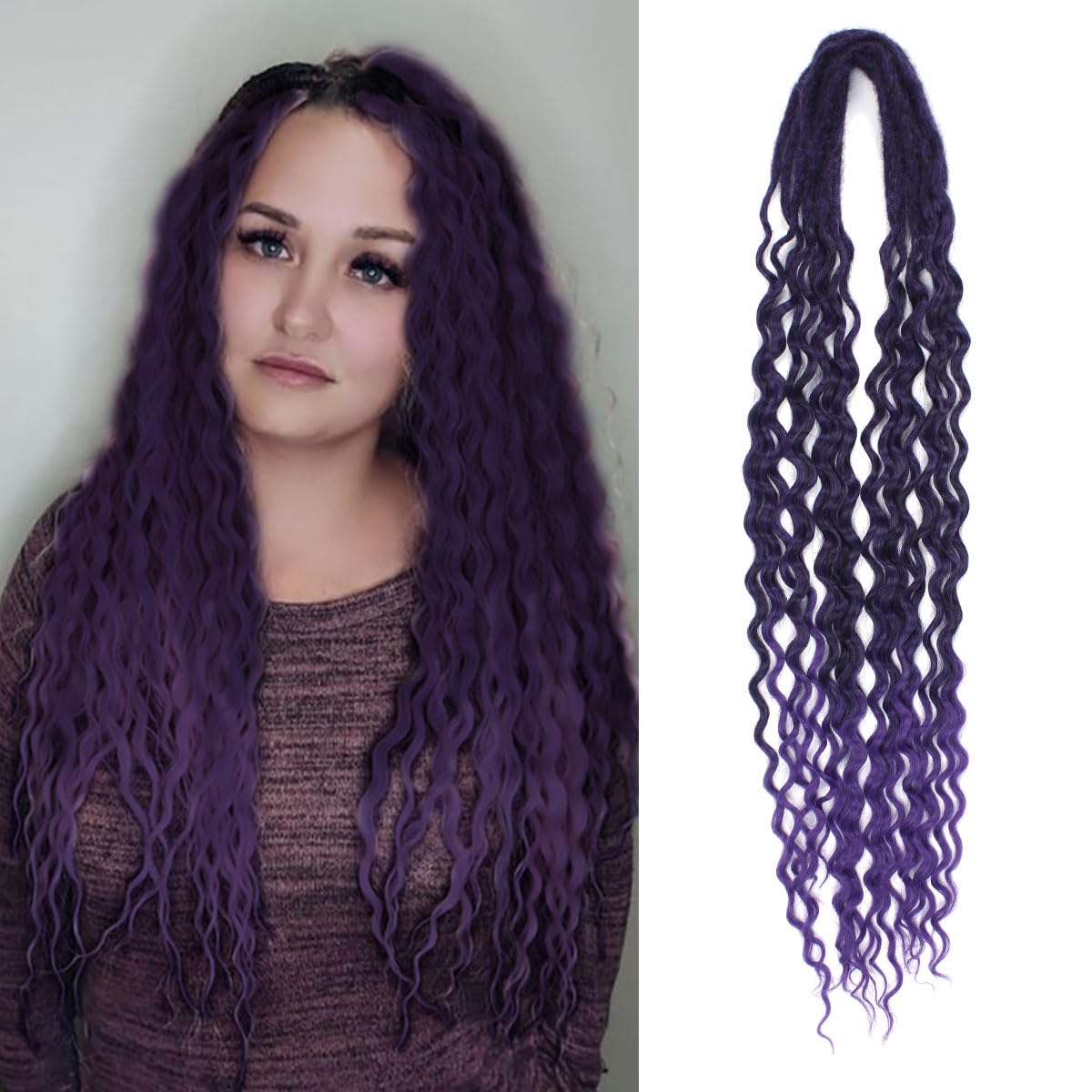 Lounoke 24 In Curly Dreadlock Extensions, 10 Strands Ombre Purple Synthetic Double Ended Dreads Extensions, 100% Handmade Dreads Hippie Style