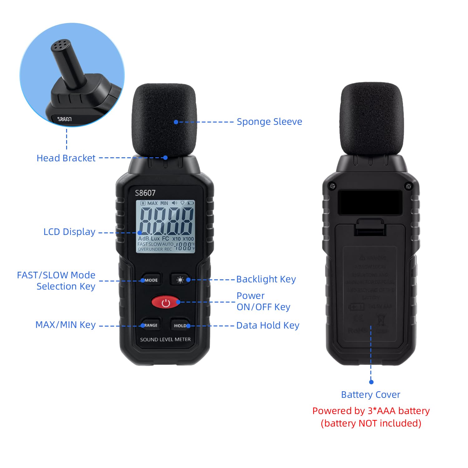 Sonómetro Medidor de Decibelios 30-130 dB – Decibelímetro Digital – Medidor Nivel Sonido para Ruido Vecinos, Oficina, Taller, Fábrica, Sitio Construcción