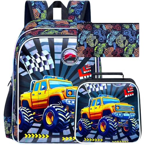 Image of HPJGD 3PCS Boys Truck Backpack Set, Water Resistant Kids Bookbag with Lunch Box, Cool School Bag for Preschool Toddler - Yellow Truck