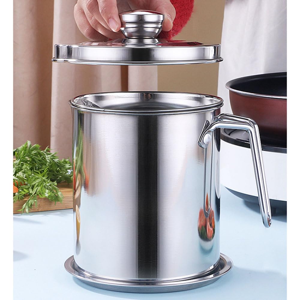 Sitko do oleju ze stali nierdzewnej z sitkiem o drobnych oczkach, pojemność 1,9 l, pyłoszczelna pokrywa, antypoślizgowa płyta, idealny do kuchni, gotowania, smażenia, przechowywania oleju i tłuszczu