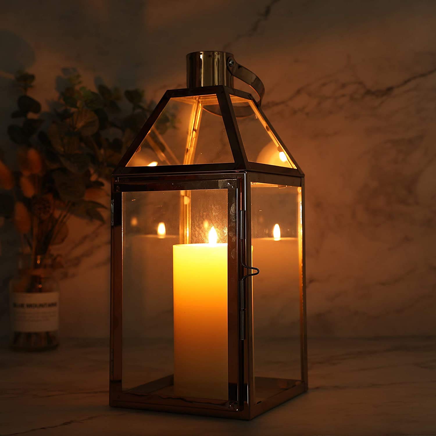 JHY DESIGN Lanternes décoratives en Or Rose 34 cm de Hauteur Lanternes à Bougie en Acier Inoxydable avec Verre trempé.pour intérieur extérieur, événements, fêtes et Mariages