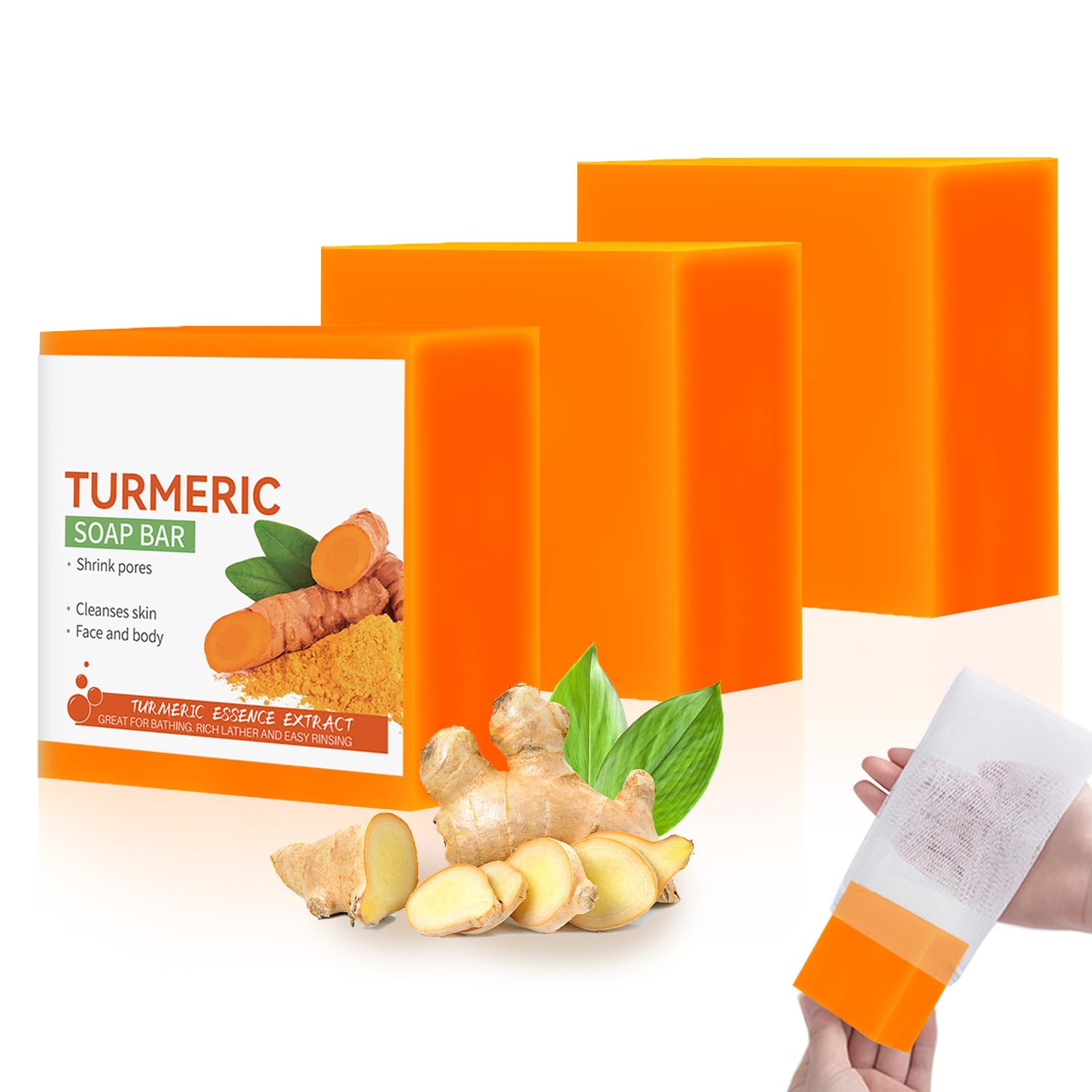 GCVSE 3 Box Turmeric Soap, 100% Nature Turmeric Handmade Soap Bar for Face & Body, Pores Shrink, Deep Cleaning, Moisturizing, Skin Brightening for Dark Spots, Firming (3 x 100g)