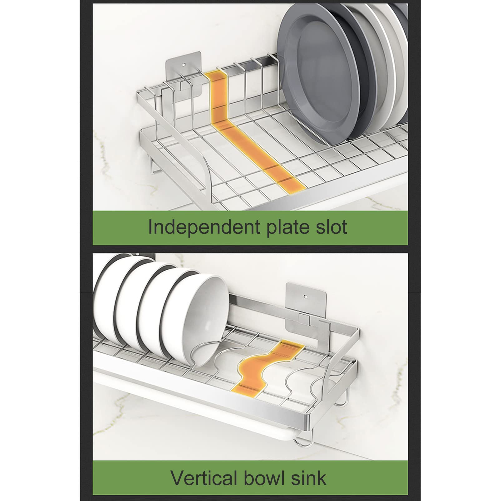 Escurridor de platos de acero inoxidable con soporte para cubiertos de pared y bandeja de drenaje para un almacenamiento y organización eficientes de la cocina