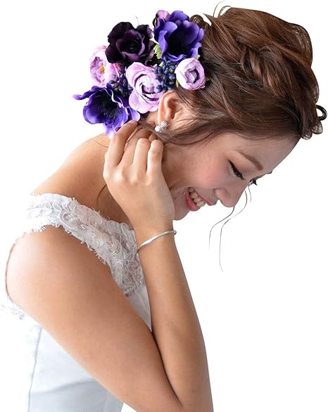 Amazon Co Jp ミュゼ 花嫁 ウェディング フラワー ヘッドドレス アレンジ自在 髪飾り 造花 紫のアネモネとカップローズ 紫 01 ビューティー