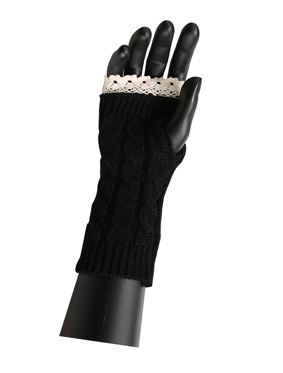 Uxcell Women's Black-Lace Sourcing Map Arm Warmers Wrist Length Knit Fingerless Gloves With Lace Glove Length 20 Cm/7.87"