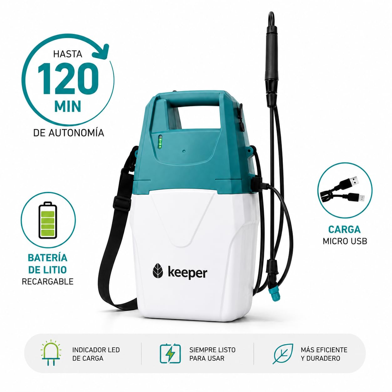 Keeper Opryskiwacz elektryczny do ogrodu Forest 5. Bateria litowa Ładowanie przez USB. Wskaźnik światła. Regulowana dysza. 120min Autonomia.5L