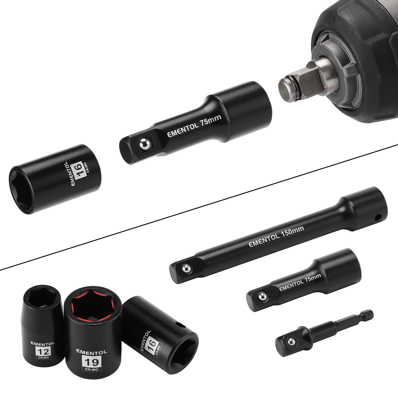 EMENTOL Juego de 30 llaves de impacto estándar de 1/2 pulgada, CR-MO, métrico, 10 mm a 36 mm, incluye barras de extensión Imapct de 3 y 6 pulgadas, adaptador de taladro de 1/4 a 1/2 pulgadas