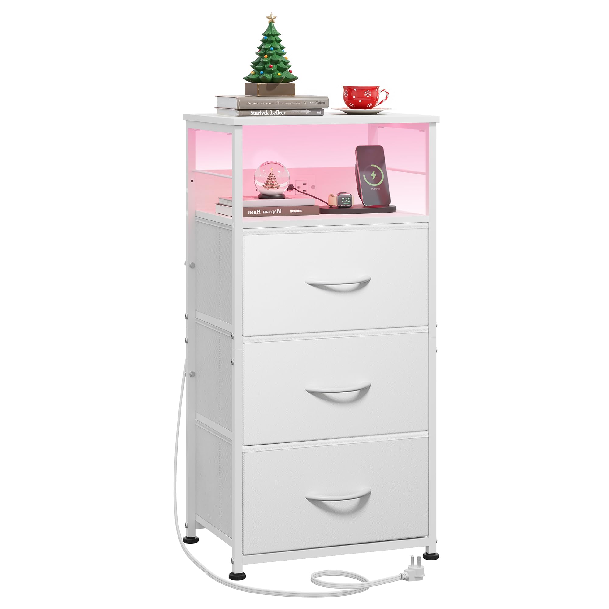 WLIVE Nightstand with Charging Station, 31.9" H Nightstand with 3 Fabric Drawers, LED Bedside Table with USB Ports and Outlets, End Table for Dorm,