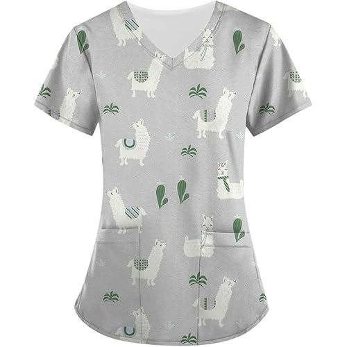 Scrub Tops Women Short Sleeve V-Neck Holiday Printed Medical Nurse Uniforms Scrub Tops Shirt with Pockets
