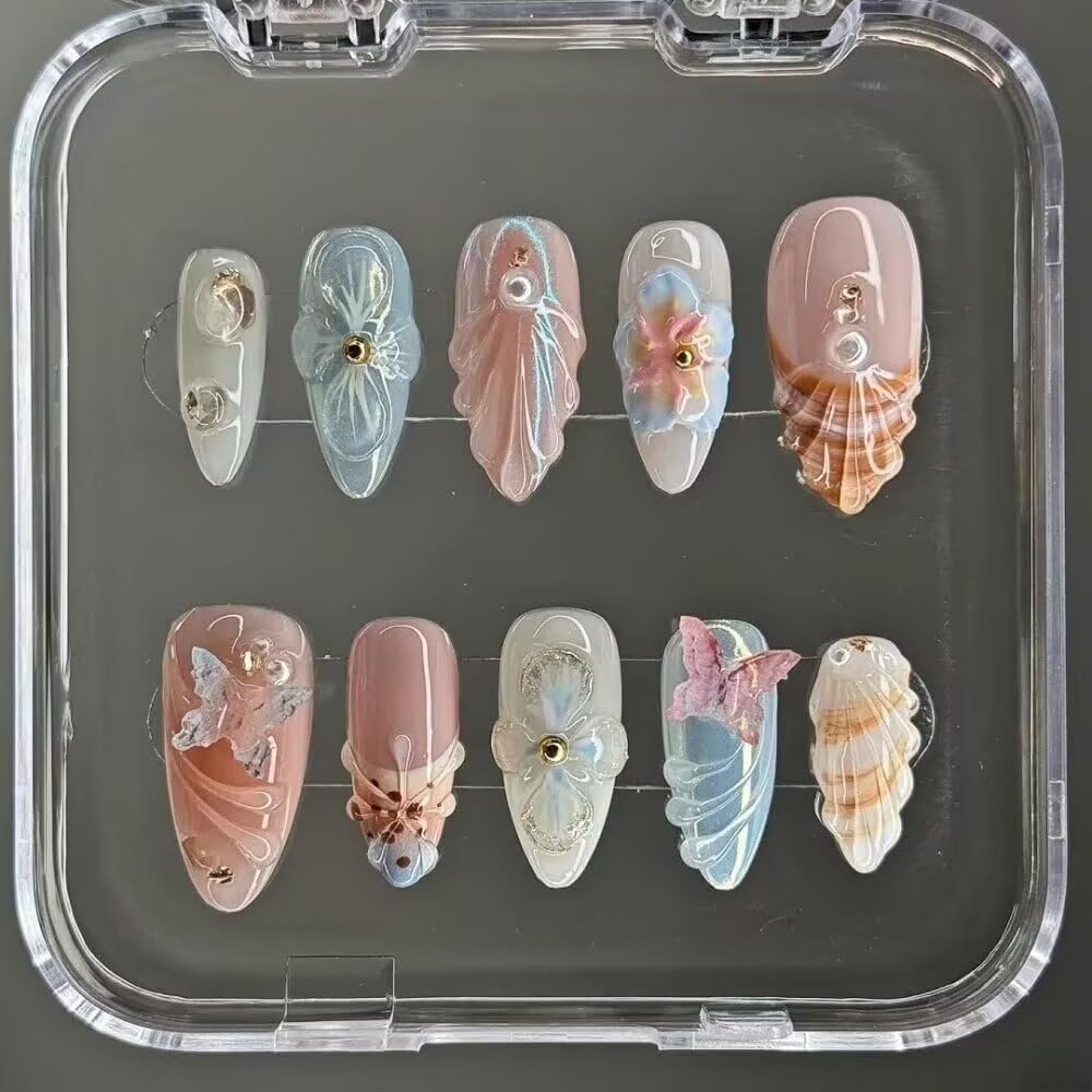 10 piezas de uñas postizas hechas a mano con diseño de almendras, kit de uñas para mujer, uñas postizas 3D, tamaño mediano
