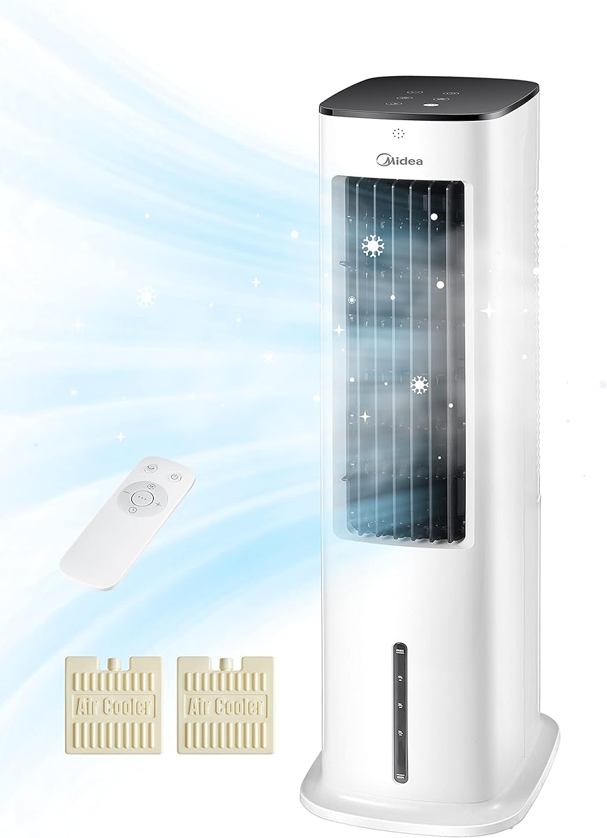 Midea Silent Air Cooler Pro 4-in-1 Mobile Klimaanlage Leiser:Luftkühler,Turmgebläse,Luftbefeuchter und Luftreiniger,mit Fernbedienung,5L Wassertank,355m³/h Luftdurchsatz,55W,LED-Display,Timer,Weiß