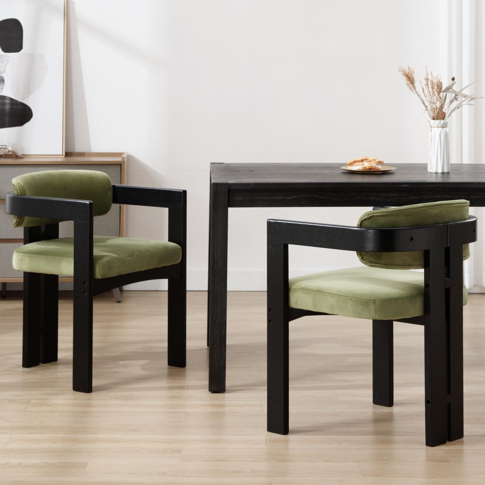 chairus Modern Dining Chairs Set of 2, Velvet Upholstered Barrel Dining Room Chairs with Curved Back, Farmhouse Black Solid Wood Side Armchairs for