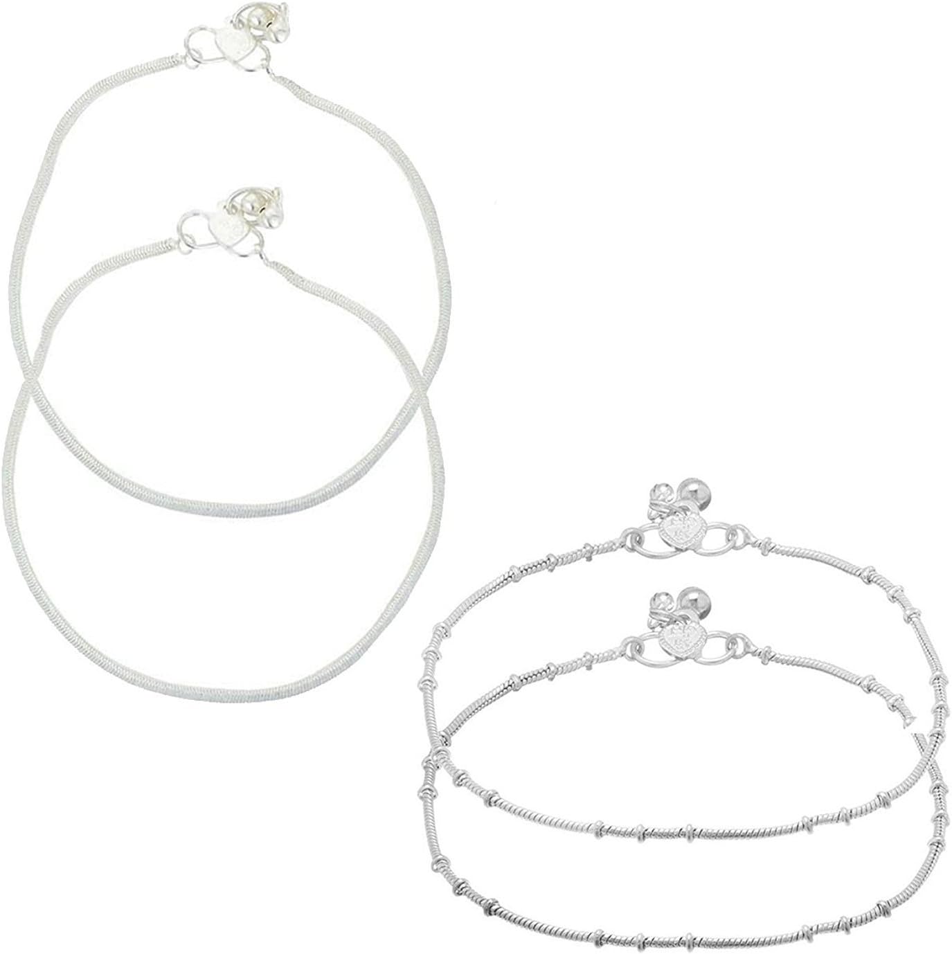 INDIAN TRADITIONAL J S Imitation Combo Pack of 2 Silver Plated Anklets for Women and Girls