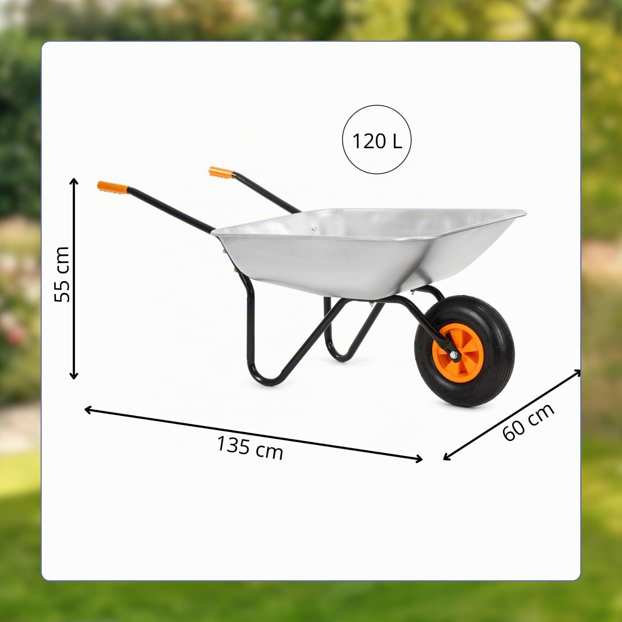 Springos Brouette de 120 L avec pneus à air et bac en acier galvanisé, capacité de charge jusqu'à 100 kg, pour jardin, construction, patio, atelier, couleur argent et orange