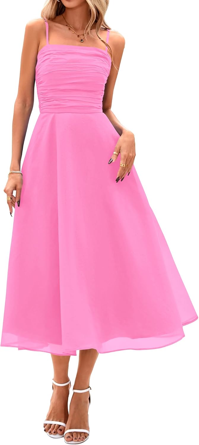 PRETTYGARDEN Womens Summer Dresses 2025 Spaghetti Strap Sleeveless Smocked Flowy Midi Wedding Guest Dress with Pockets