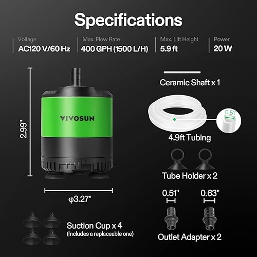 Miniatura 7 de VIVOSUN Bomba de agua sumergible de 400 GPH de 20 W, con flujo de agua ajustable, tubo de 4.9 pies, eje de cerámica adicional y adaptadores de